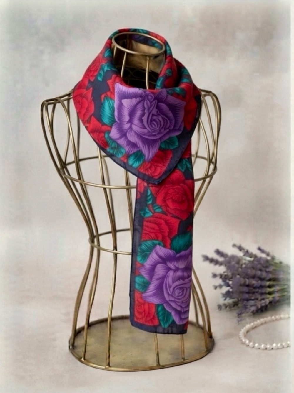 Vintage Elaine Gold Vibrant Long Floral Silk Scarf